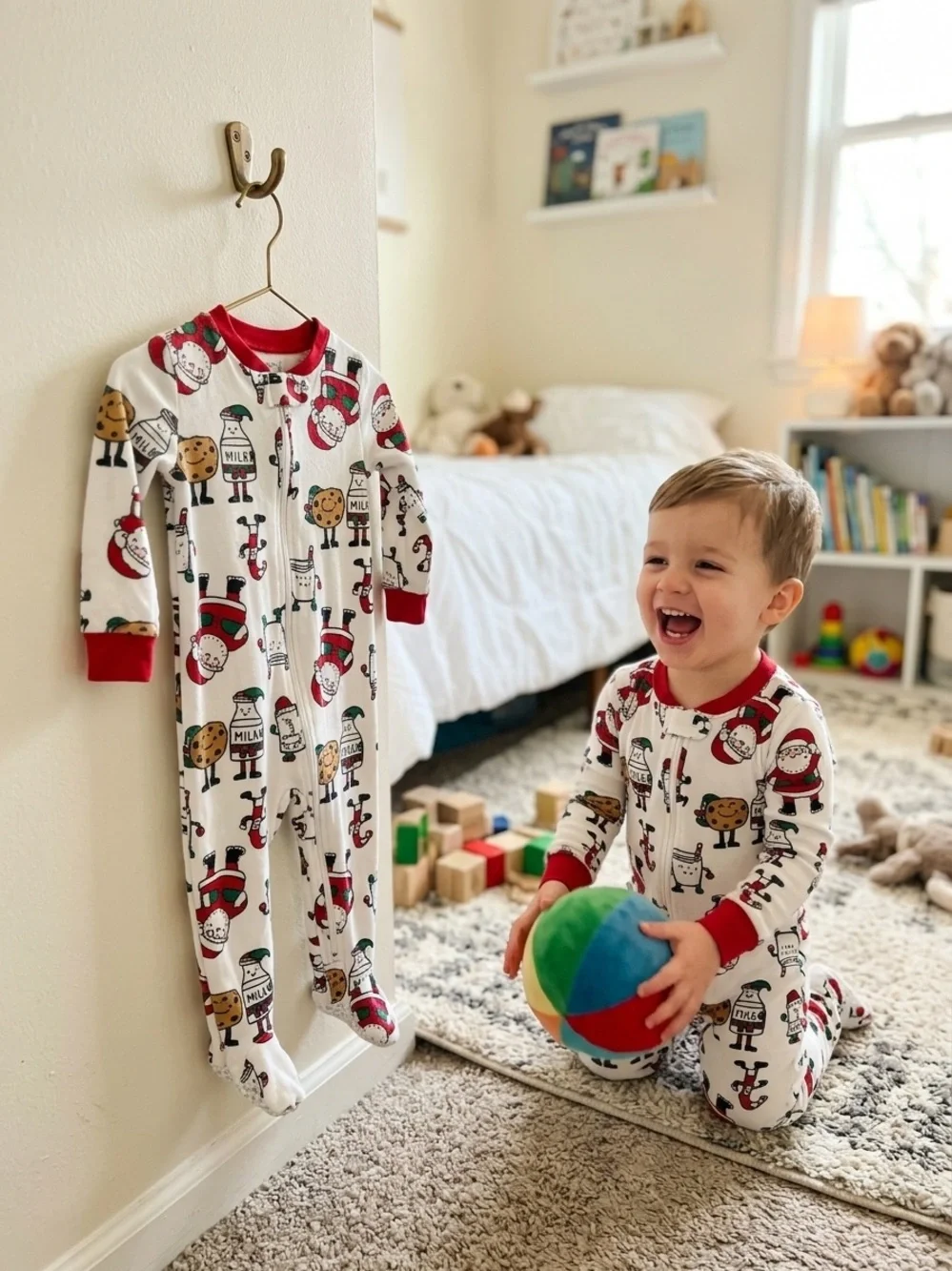 Carter's White Baby Footed Pajamas with Red & Green Holiday Print unisex